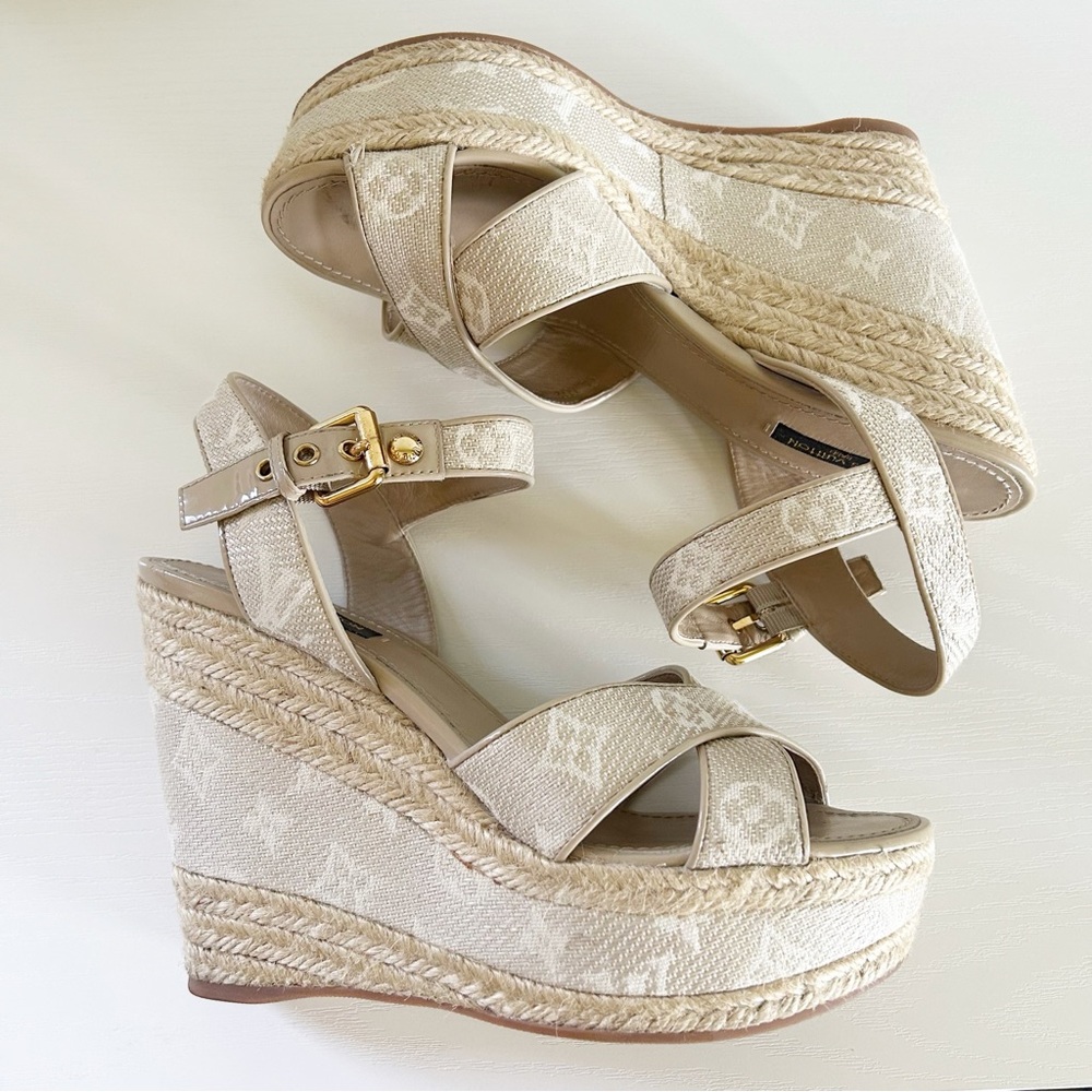 Louis Vuitton Beige Monogram Canvas Espadrille Ankle Strap Wedges Size EU 40 - Picture 6 of 16